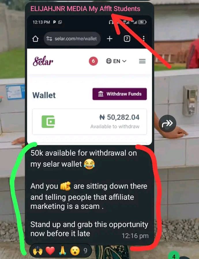 Affiliate testimonial screenshot showing Selar wallet balance available for withdrawal